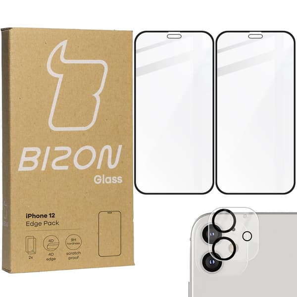 Bizon Glass Edge CF Härdat Glas - 2 delar + linsskydd, iPhone 12, svart