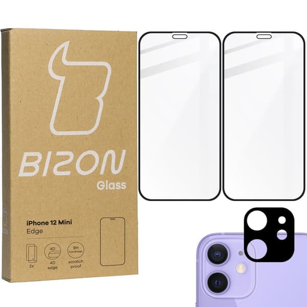 Bizon Glass Edge CF hærdet glas - 2 stk. + linsebeskyttelse, iPhone 12 Mini, sort