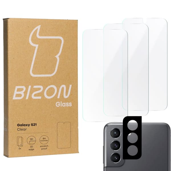 Bizon Glass Härdat Glas - 3 st + lins, Galaxy S21 5G