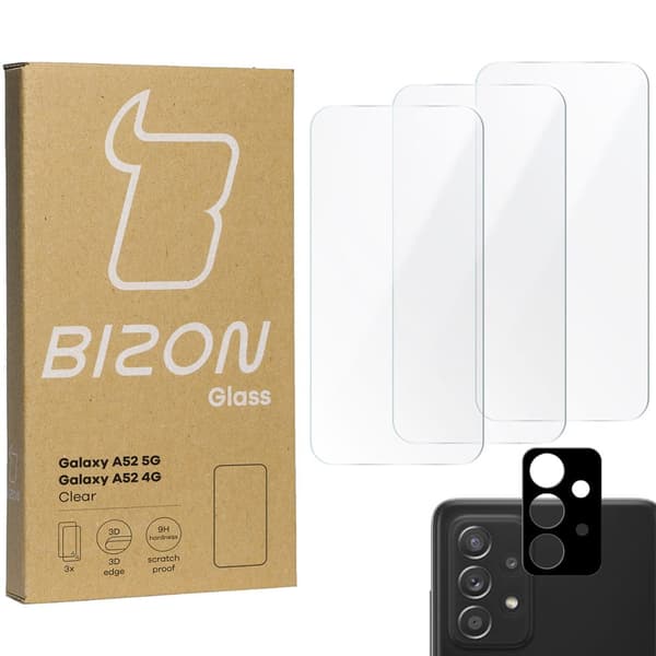 Bizon Glass Kirkas karkaistu lasi - 3 kpl + linssi, Galaxy A52s 5G, A52 4G/5G