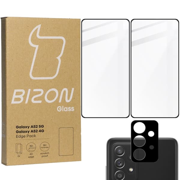 Bizon Glass Edge Hærdet Glas - 2 stk. + linsebeskyttelse, Galaxy A52s 5G, A52 4G/5G, sort