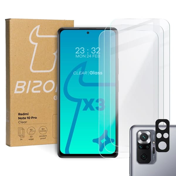 Bizon Glass Kirkas karkaistu lasi - 3 kpl + linssi, Redmi Note 10 Pro