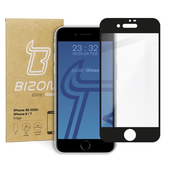 Bizon Glass Edge härdat glas för iPhone SE 2022/2020/8/7, svart