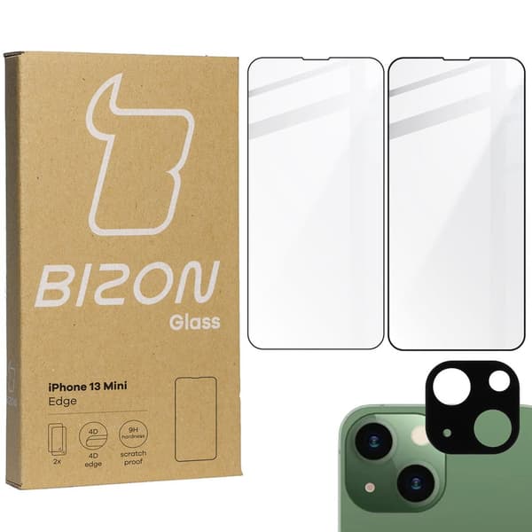 Bizon Glass Edge hærdet glas - 2 stk. + linsebeskyttelse, iPhone 13 Mini, sort