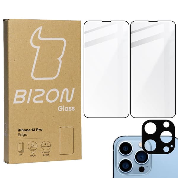 Bizon Glass Edge karkaistu lasi - 2 kpl + linssisuoja, iPhone 13 Pro, musta