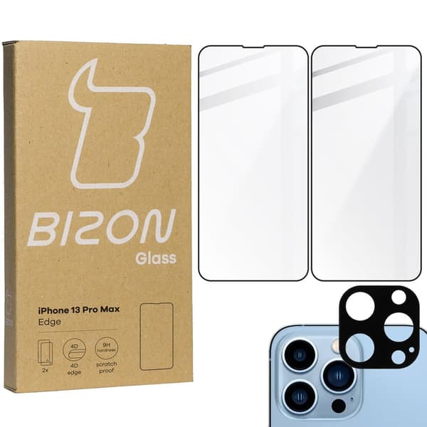 Bizon Glass Edge Härdat Glas - 2 delar + linsskydd, iPhone 13 Pro Max, svart