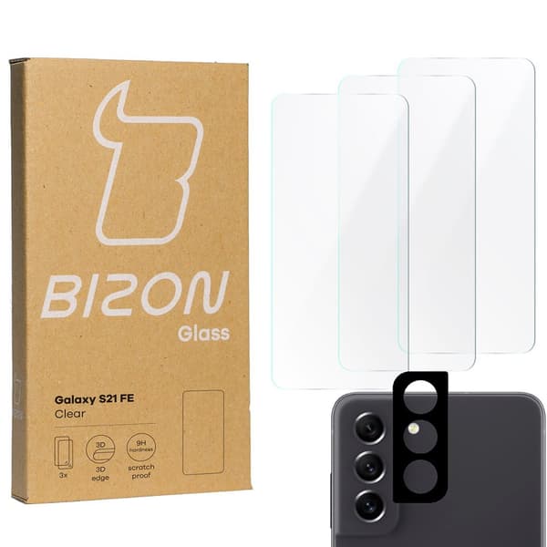 Bizon Glass Kirkas karkaistu lasi - 3 kpl + linssi, Galaxy S21 FE