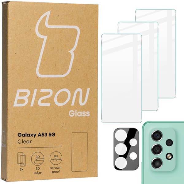 Bizon Glass Klar hærdet glas - 3 stk. + linse, Galaxy A53
