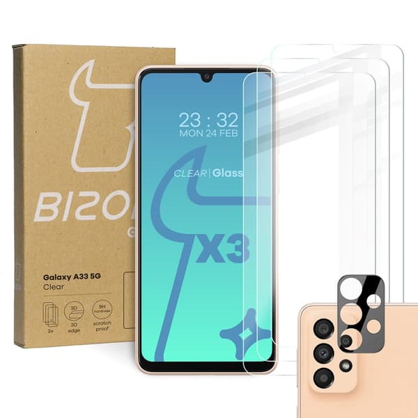 Bizon Glass Klar hærdet glas - 3 stk. + linse, Galaxy A33