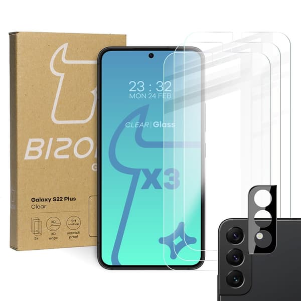 Bizon Glass Kirkas karkaistu lasi - 3 kpl + linssi, Galaxy S22 Plus
