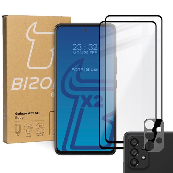 Bizon Glass Edge hærdet glas - 2 stk. + linsebeskyttelse, Galaxy A53, sort