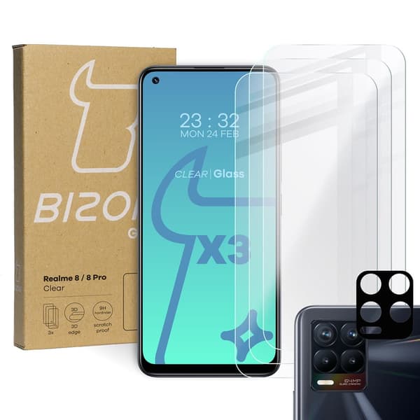 Bizon Glass Klar Hærdet Glas - 3 stk. + linse, Realme 8 / 8 Pro