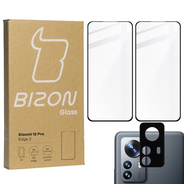 Bizon Glass Edge 3D härdat glas - 2 delar + linsskydd, Xiaomi 12 Pro, svart