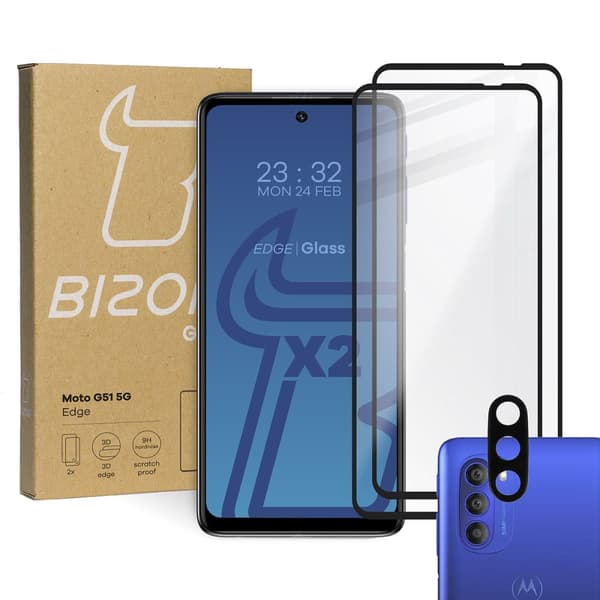 Bizon Glass Edge karkaistu lasi - 2 kpl + linssinsuoja, Moto G51 5G