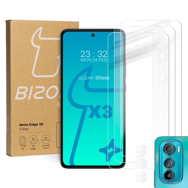 Bizon Glass Klar hærdet glas - 3 stk. + linse, Motorola Edge 30