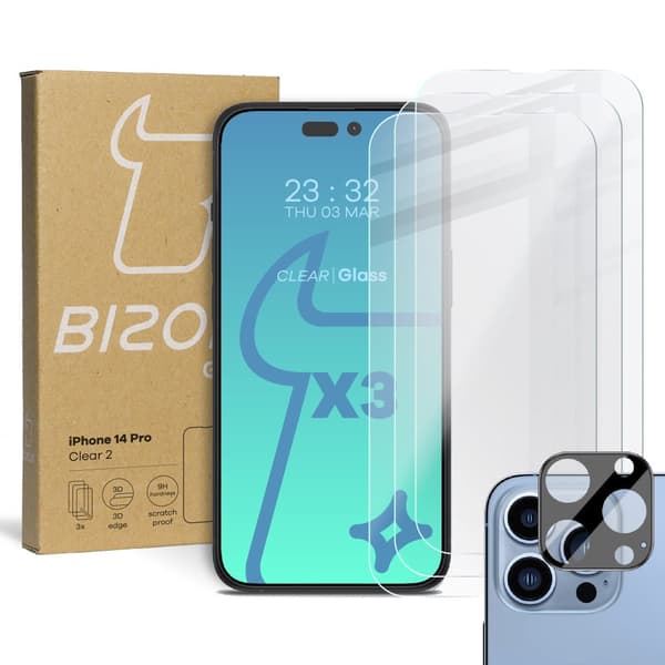 3x Glas + kameraglas BIZON til iPhone 14 Pro