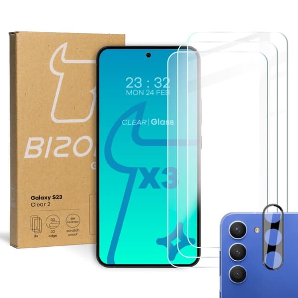 3x Glas + kameraglas BIZON Clear 2 til Galaxy S23