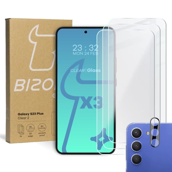 3x Glas + kameraglas BIZON Clear 2 för Galaxy S23 Plus