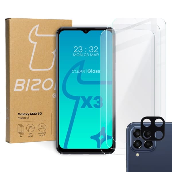 3x Glas + kameralins BIZON Clear 2 för Galaxy M33 5G