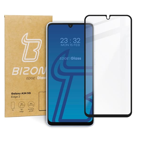 Bizon Glass Edge 2 karkaistu lasi Galaxy A34 5G:lle, musta