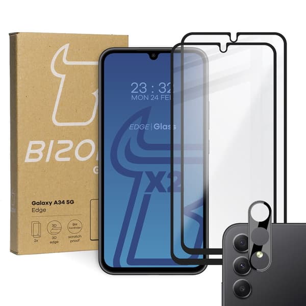 2x Glas + kameraglas BIZON Edge 2 för Galaxy A34 5G