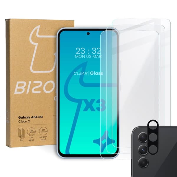 3x Glas + kameraglas BIZON Clear 2 til Galaxy A54 5G