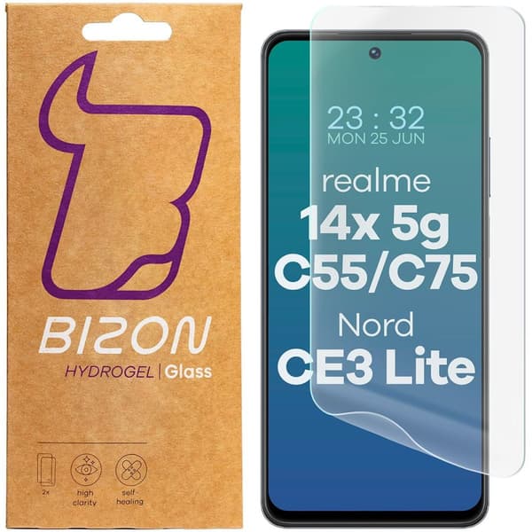Bizon Glass Hydrogel Skärmskydd för Realme 14x 5G / C55 / C75 / OnePlus Nord CE 3 Lite, 2 stycken