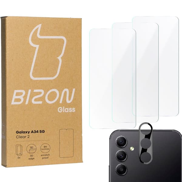 3x Glas + kameralins BIZON Clear 2 för Galaxy A34 5G