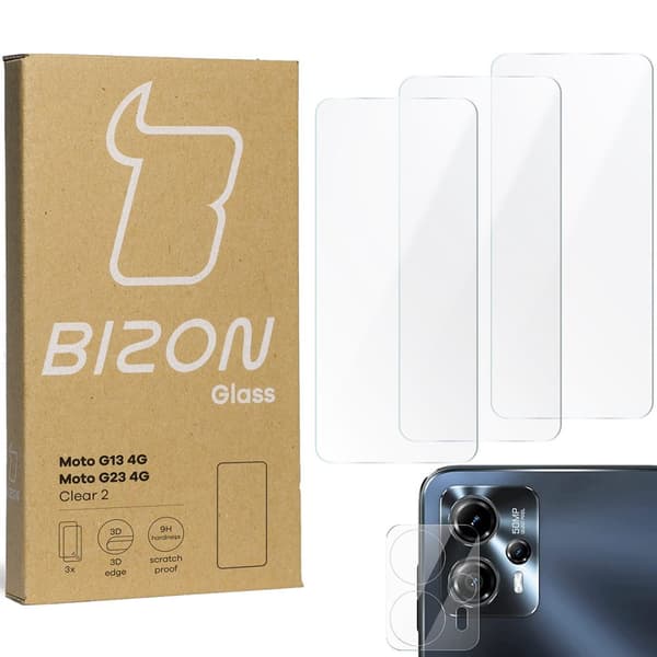 3x Glas + kameralinse BIZON Clear 2 til Moto G13/G23 4G