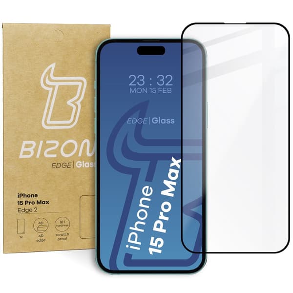 Bizon Glass Edge 2 Hærdet Glas til iPhone 15 Pro Max, Sort