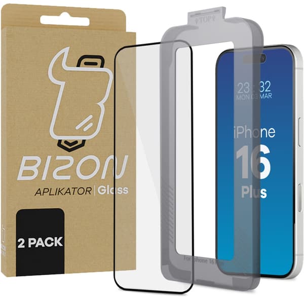 Härdat glas med ram för enkel applicering Bizon Glass Applicator för iPhone 16 Plus, 2 st