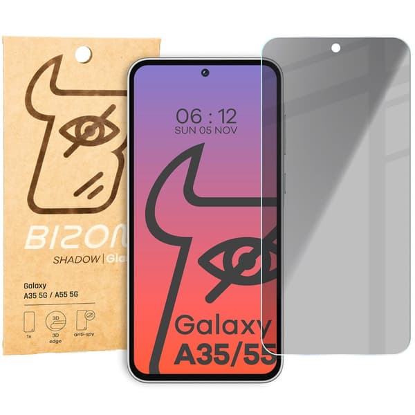 Bizon Glass Clear Shadow Privacy -karkaistu lasi Galaxy A35 / A55 5G:lle, sävytetty