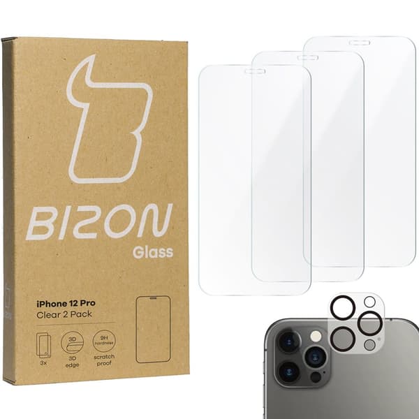 3x Lasi + Kameralasi BIZON Clear 2 Pakkaus iPhone 12 Prolle
