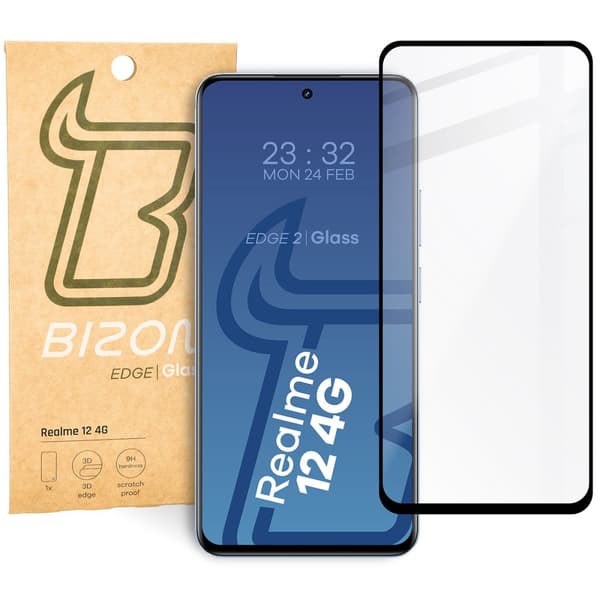 Bizon Glass Edge 2 karkaistusta lasista valmistettu Realme 12 4G -puhelimelle, musta kehys