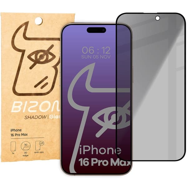 Bizon Glass Edge Shadow Privacy -karkaistusta panssarilasista iPhone 16 Pro Maxille, savunharmaa ja mustalla kehyksellä