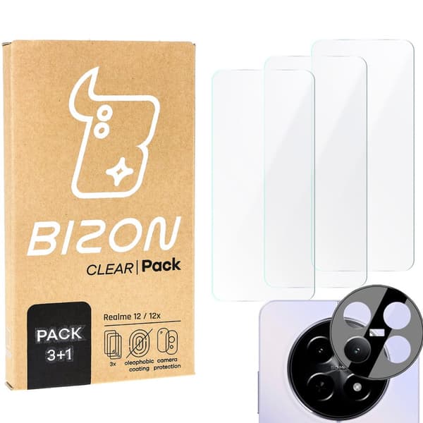 3x karkaistu lasi + kameralasi Bizon Clear 2 pakkaus Realme 12 / 12x:lle