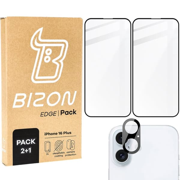 x lasi + kameralasi Bizon Edge 2 pakkaus iPhone 16 Plussalle