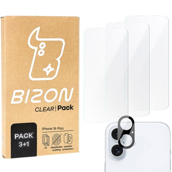 3x karkaistu lasi + kameralasi Bizon Clear 2 pakkaus iPhone 16 Plussalle