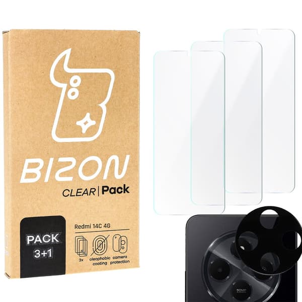 3x Härdat glas + Kameraglas Bizon Clear 2-pack för Xiaomi Redmi 14C 4G