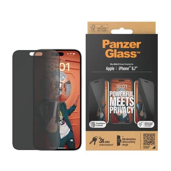 Skärmskydd - PanzerGlass - iPhone 15 Plus - Härdat glas - Ultra-Wide Fit - Sekretess