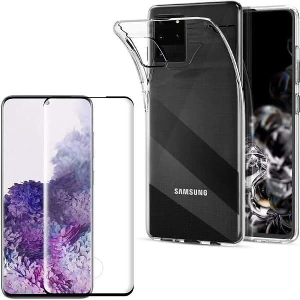 Coque för Samsung Galaxy S20 ULTRA + Härdat Glas Svart Kant - Skydd i Flexibelt Silikon Skärmskydd Phonillico®