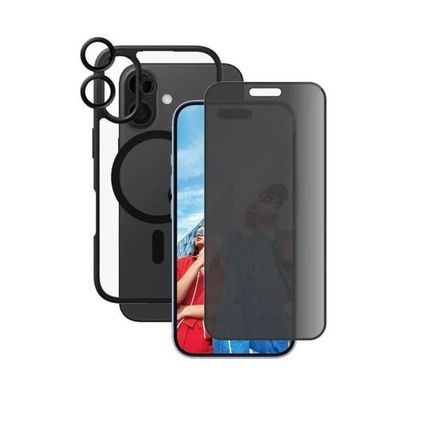 Skyddspaket för Apple iPhone 16 Serie Flagship 3-i-1 Privacy Panzer Glass Svart transparent