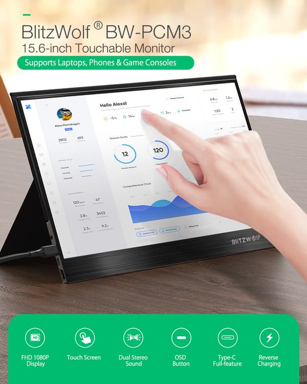 BW-PCM3 15,6 tum Touchable FHD 1080P Type C Portable Computer Monitor Gaming Display Screen för Smartphone Tablet Laptop Spelkonsoler