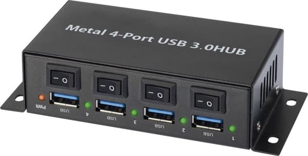 Renkforce 4-portar USB 3.0-nav Stålhölje, individuellt anslutningsbar, alternativ för väggfäste Svart