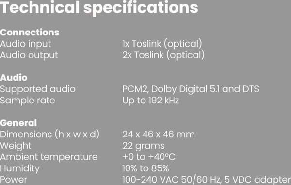Marmitek Split TS12 digital optisk Toslink audio splitter 1 ind - 2 ud