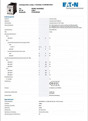 Eaton (Moeller). Kapacitet, skyddar mot DILM12 – 10 (24V50HZ)