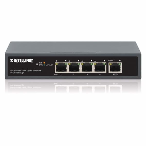 Intellinet – Kytkin – 4 x 10/100/1000 (PoE+) + 1 x 10/100/1000 (PoE-läpivienti) – pöytätietokone – PoE+ (65 W)