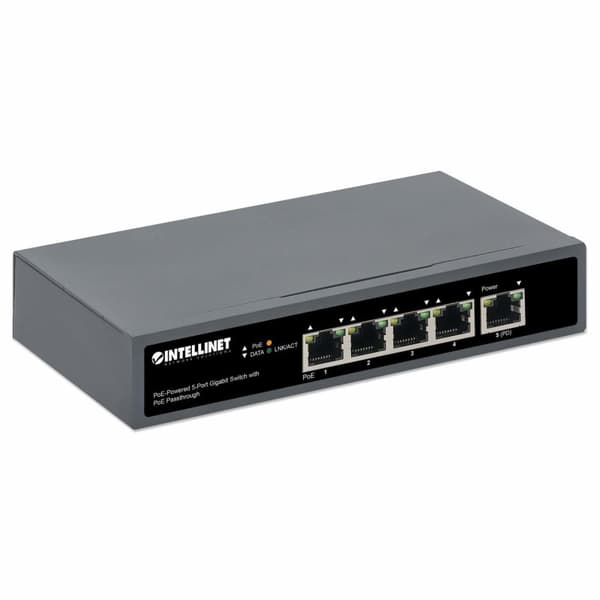 Intellinet – Kytkin – 4 x 10/100/1000 (PoE+) + 1 x 10/100/1000 (PoE-läpivienti) – pöytätietokone – PoE+ (65 W)