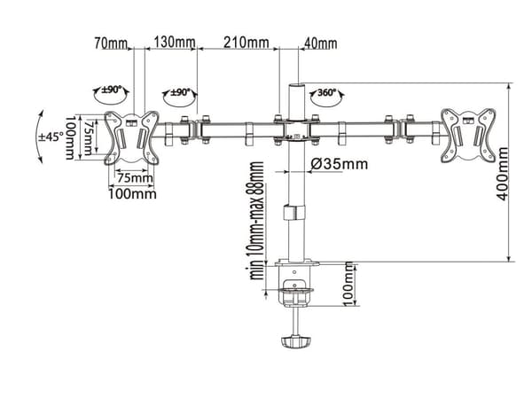 Udstyr 650152, Skrivebordsstangklemme [2x 8KG, 13 tommer - 27 tommer, 180°, 75x75/100x100 mm, sort]