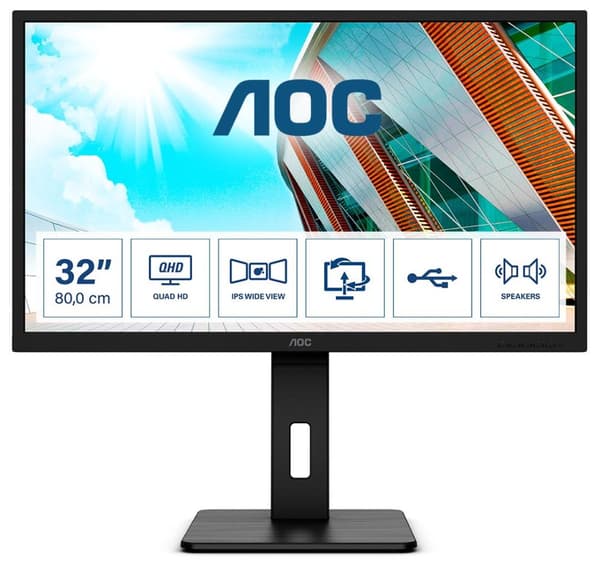 AOC Q32P2 - LED monitor - 80 cm (31.5") - 2560 x 1440 QHD @ 75 Hz - IPS - 250 cd/m² - 1000:1 - 4 ms - 2xHDMI, DisplayPort - speakers - black Svart